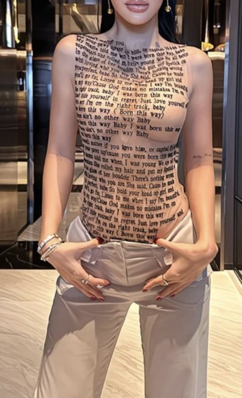 Nude Light Beige Lady Gaga Born This Way Lyrics Letter Print Sleeveless Mesh Top